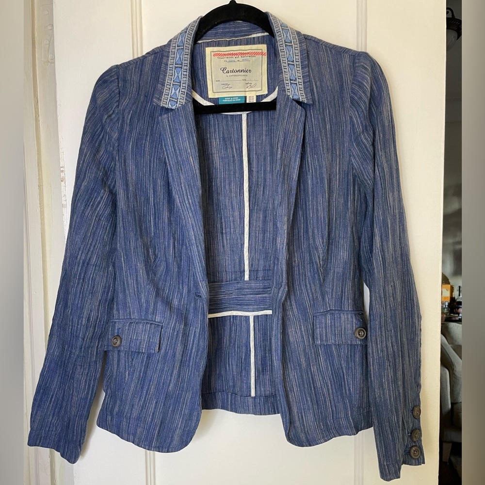 Cartonnier by Anthropologie denim blazer with embroidered collar